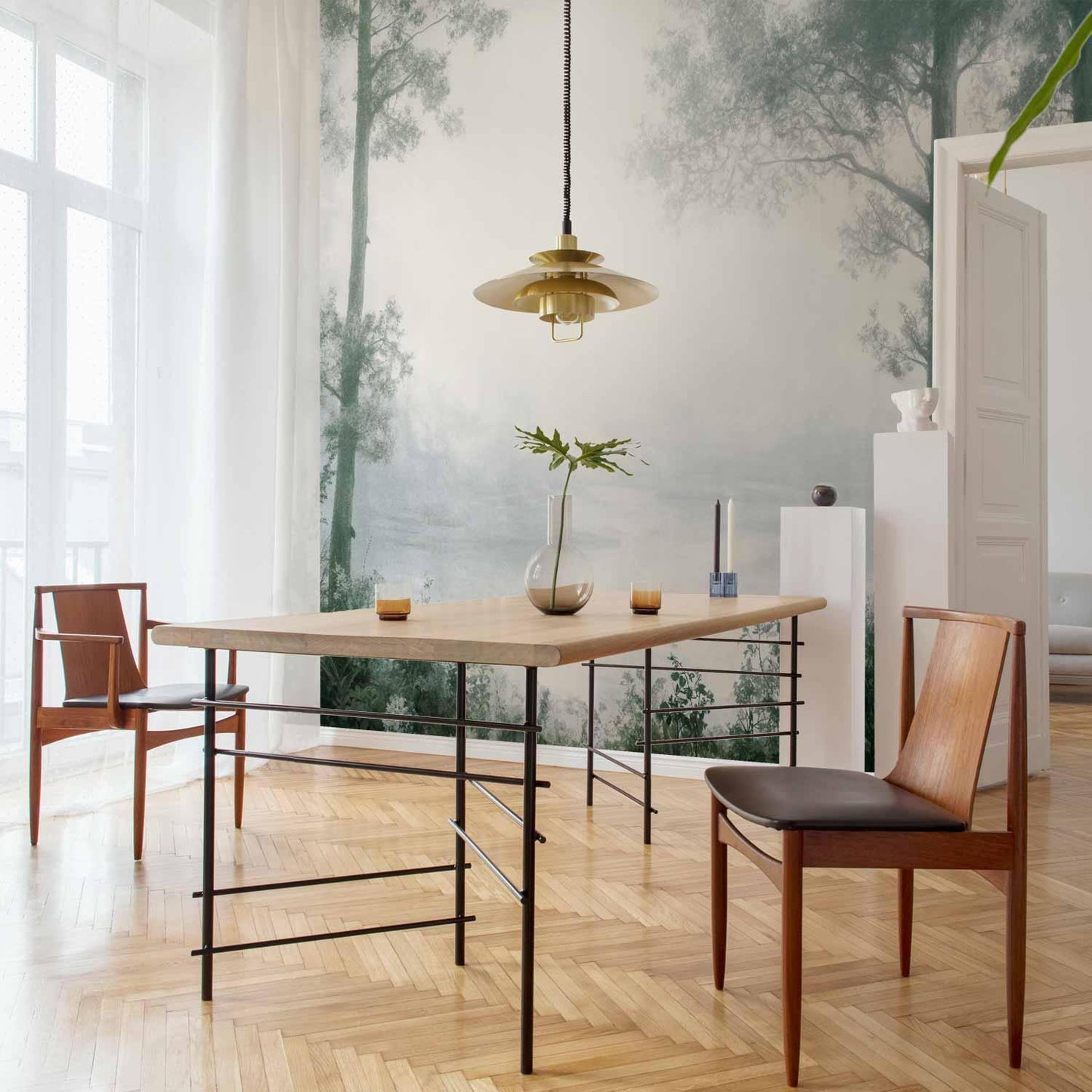 Fototapete - Retro Landscape - Grove Trees and Pond in Patinated Shades of Green