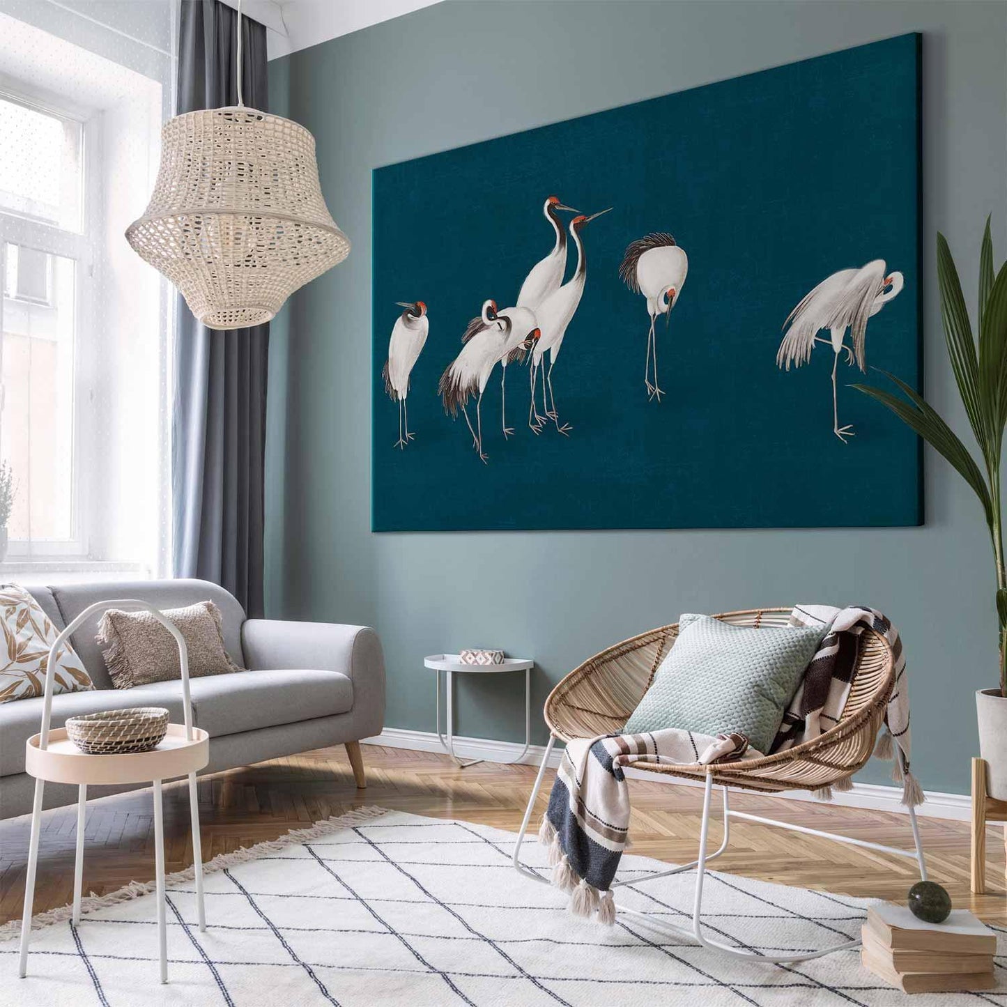 Wandbild XXL - Evening by the pond - a group of cranes drawn in dry pastel on a dark turquoise background
