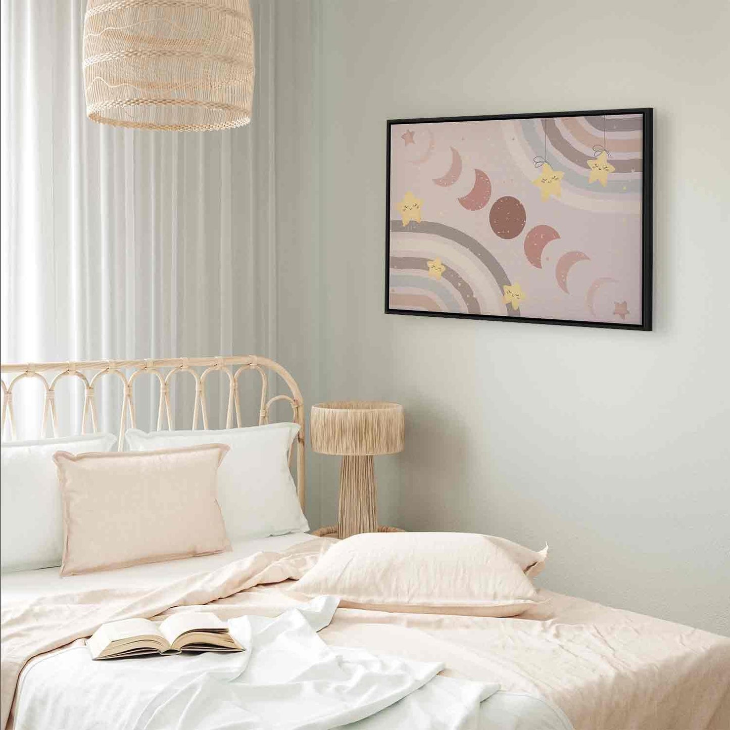 Leinwandbild - Joyful Sky - Yellow Cheerful Stars with a Rainbow Against the Phases of the Moon in a Light Beige Sky Hue