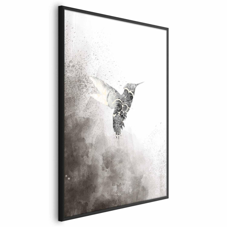 Decorative ethnic hummingbird poster in black frame.
