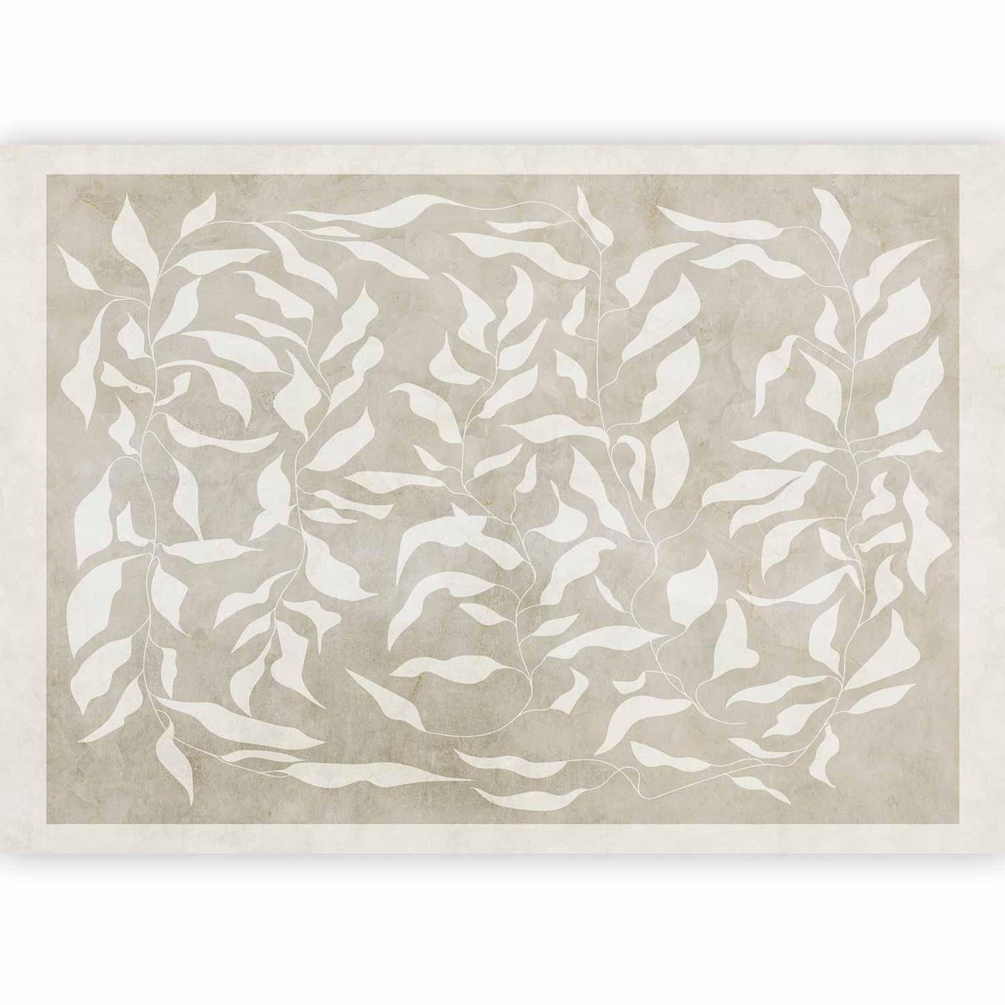 Fototapete - White leaves - abstract plant motif on beige background with frame