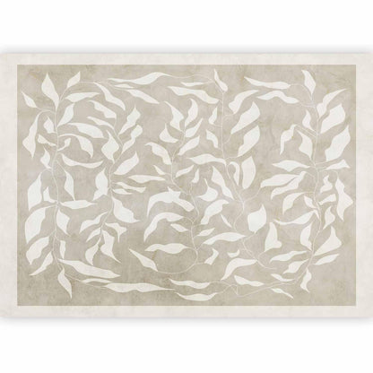 Fototapete - White leaves - abstract plant motif on beige background with frame