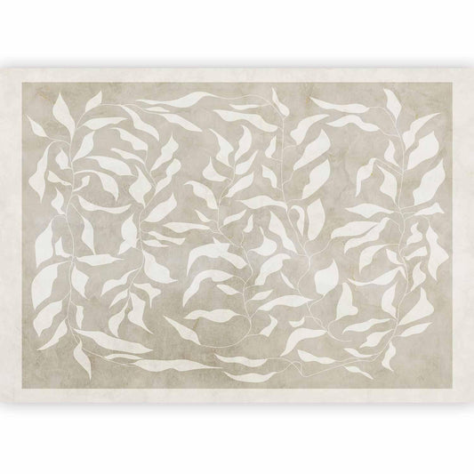 Fototapete - White leaves - abstract plant motif on beige background with frame