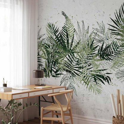 Fototapete - Jungle and green plume - large tropical leaves on a white background Artgeist