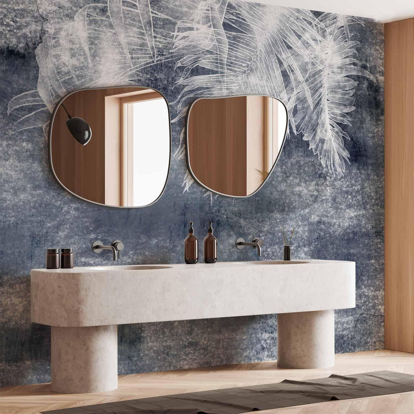 Fototapete - Abstraction with nature - exotic leaves on a blue background with pattern