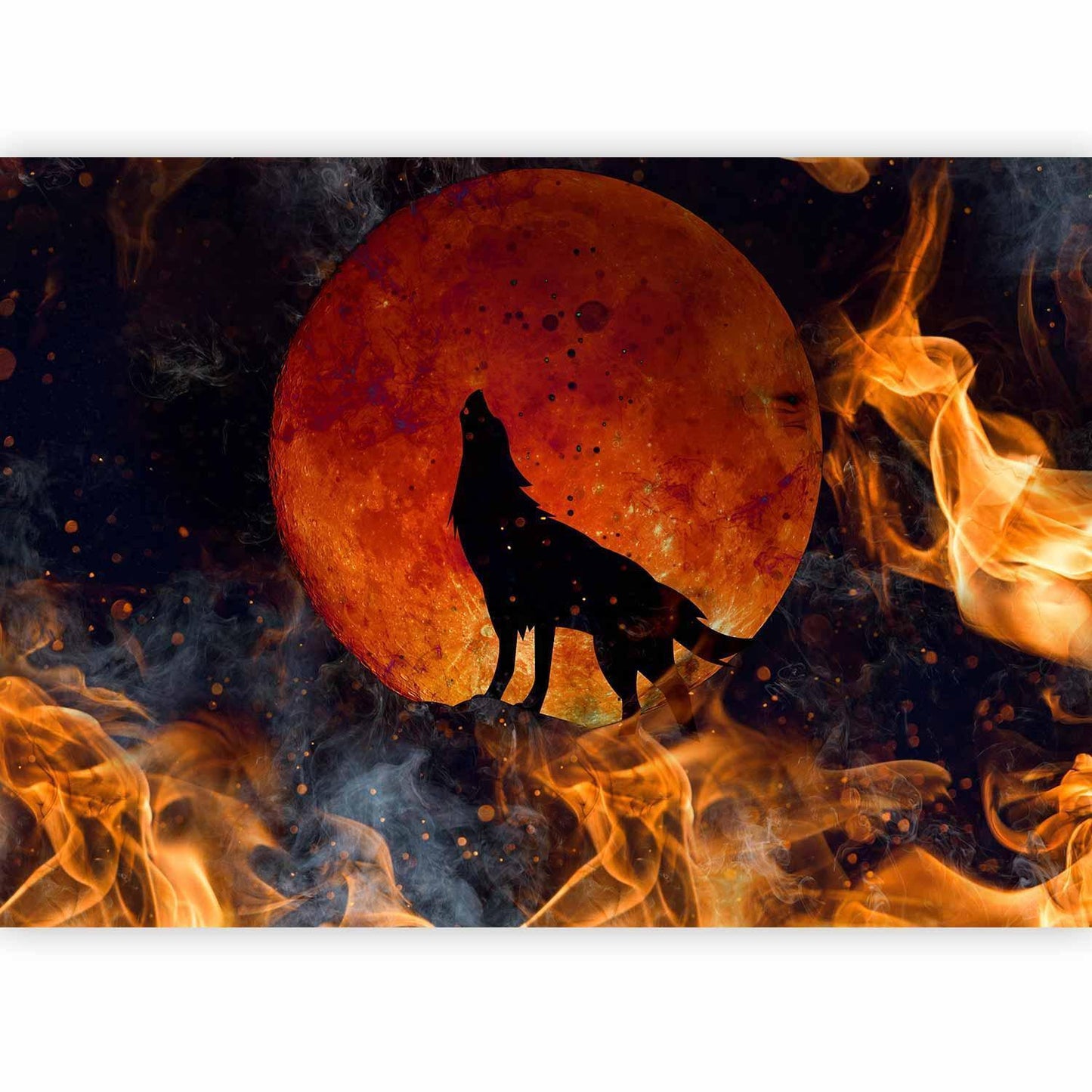 Fototapete - Wild nature - wolf on a background of a red moon in flames of fire