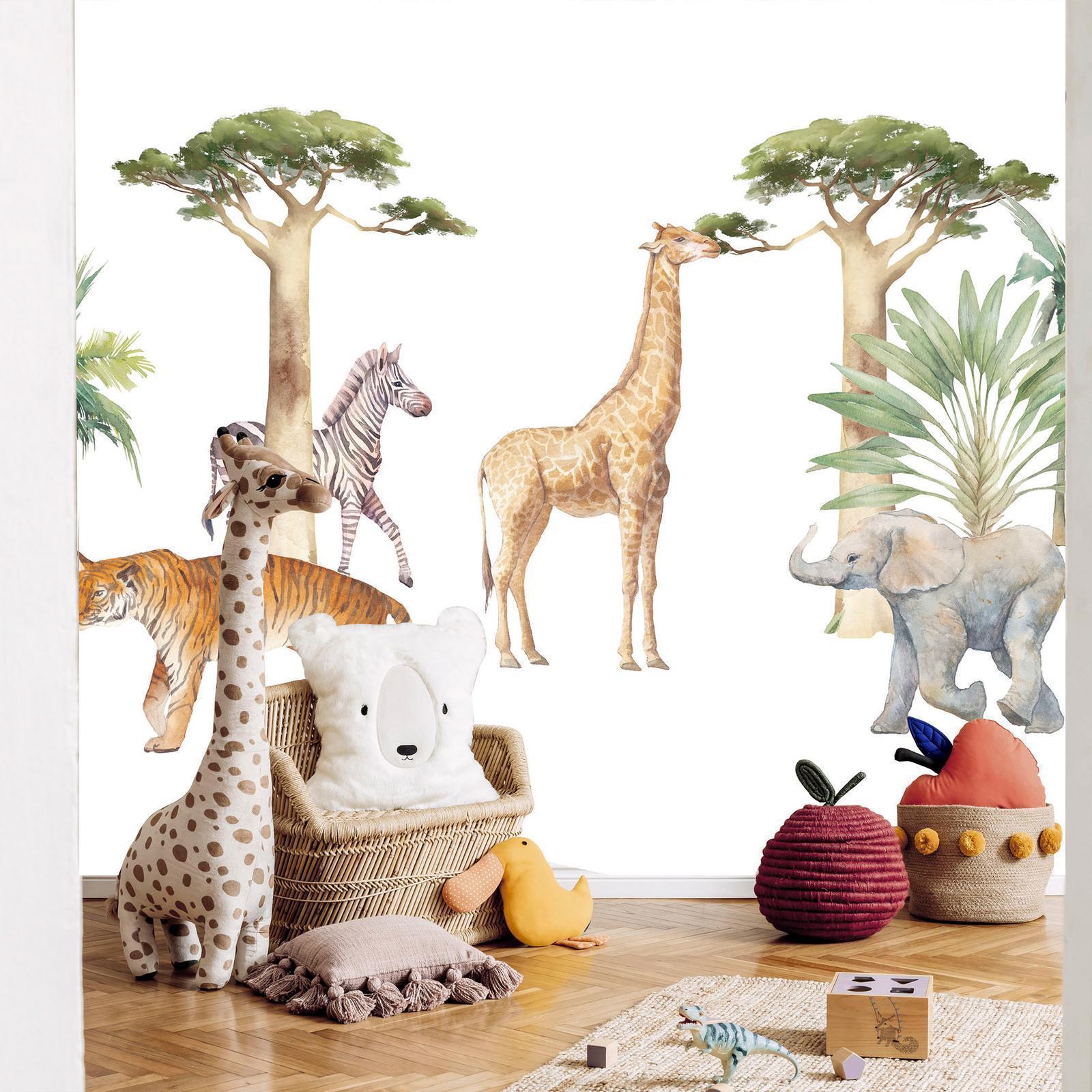 Fototapete - Jungle Animals on White Background Made With Watercolour Technique Artgeist