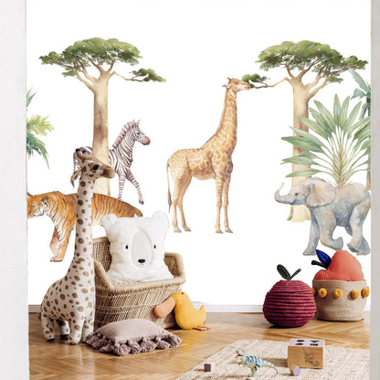 Fototapete - Jungle Animals on White Background Made With Watercolour Technique Artgeist