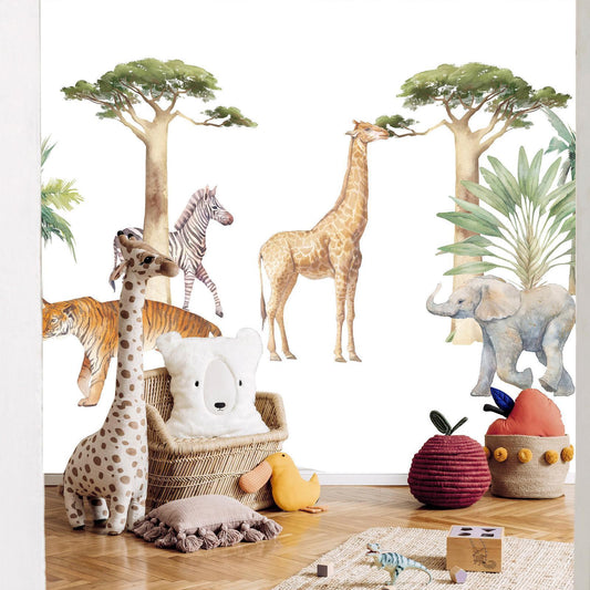 Fototapete - Jungle Animals on White Background Made With Watercolour Technique Artgeist