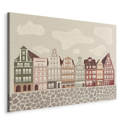 Leinwandbild - Salt Square - Colorful Illustrated Townhouses Against a Cloudy Sky Background Artgeist