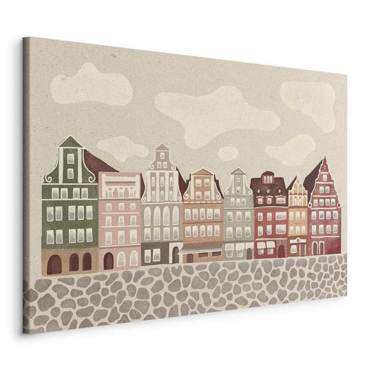 Leinwandbild - Salt Square - Colorful Illustrated Townhouses Against a Cloudy Sky Background Artgeist