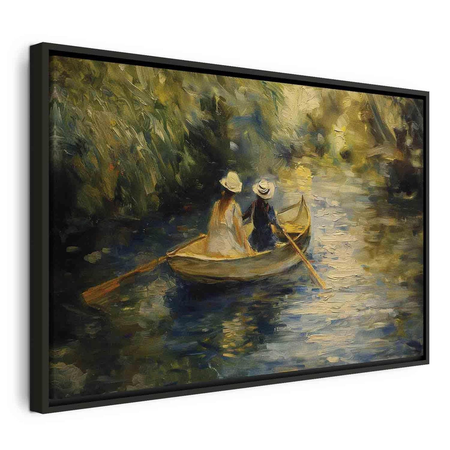 Leinwandbild - Boat crossing - painting of two women sailing a boat on a river