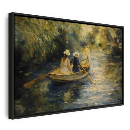 Leinwandbild - Boat crossing - painting of two women sailing a boat on a river