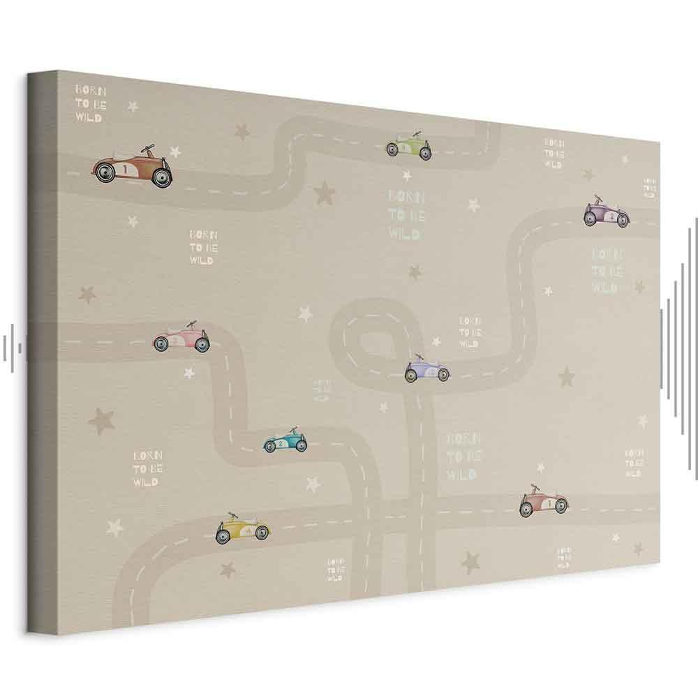 Leinwandbild - Race - Colorful Cars on a Road on a Beige Background with Inscriptions