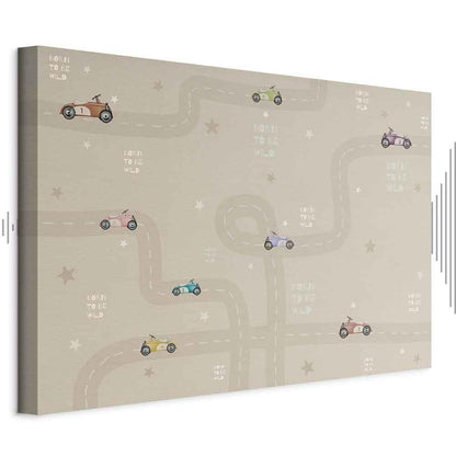 Leinwandbild - Race - Colorful Cars on a Road on a Beige Background with Inscriptions