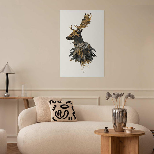 Poster of a forest deer in a stylish living room setting.