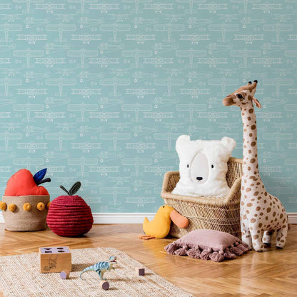 Tapete - Sketch - Outline of an airplane in white on a turquoise background