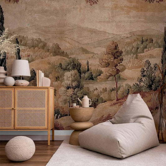 Fototapete Mediterrane Landschaft – Alter Wandteppich mit Hügel und See