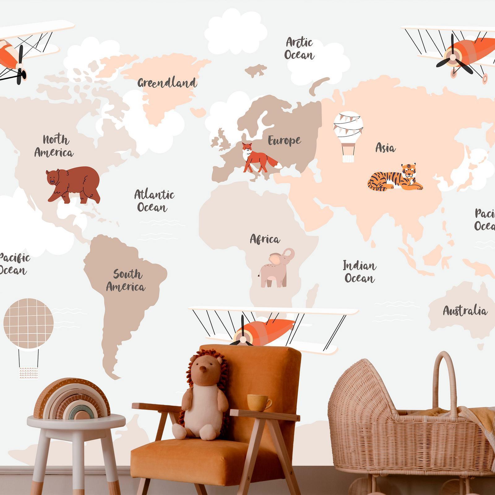 Fototapete - Map in Shades of Beige - Continents With Animals Artgeist