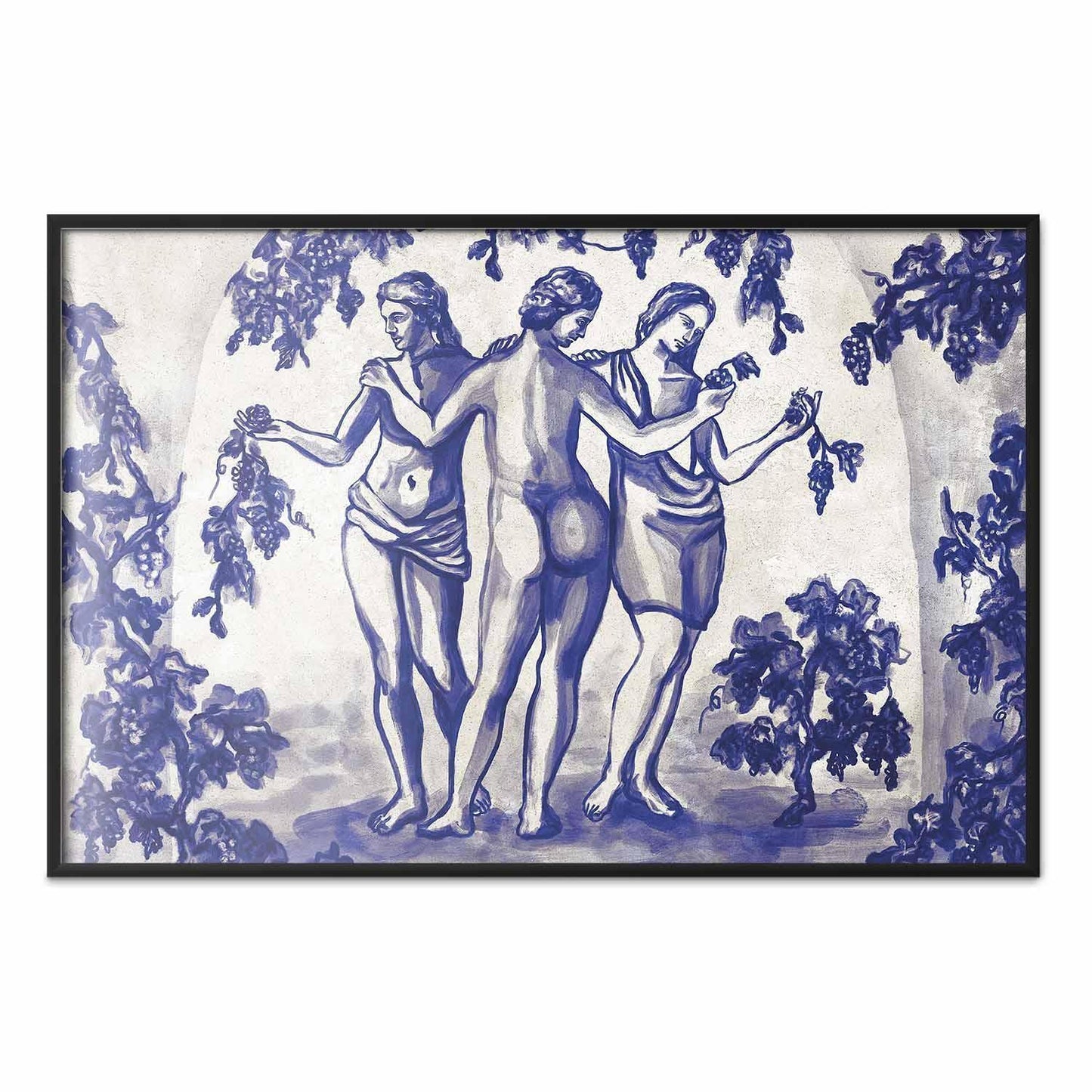 Poster - Ancient Vineyard - three women in a portal painted in blue ink