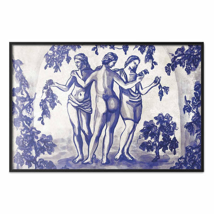 Poster - Ancient Vineyard - three women in a portal painted in blue ink