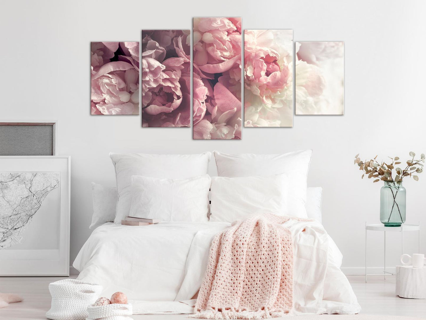 Leinwandbild „Vintage Pfingstrosen“ – 5-teiliges Wandbild im nostalgischen Blumenstil