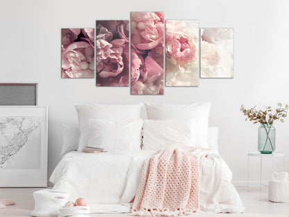 Leinwandbild „Vintage Pfingstrosen“ – 5-teiliges Wandbild im nostalgischen Blumenstil