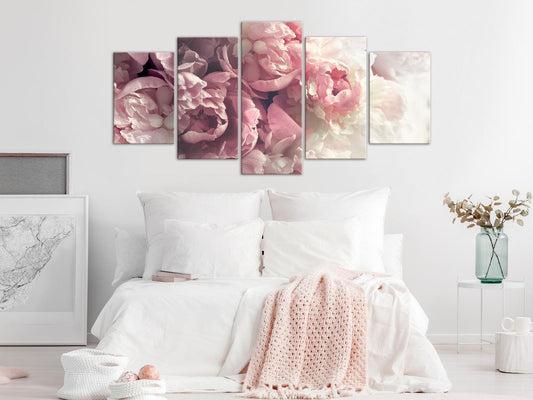 Leinwandbild „Vintage Pfingstrosen“ – 5-teiliges Wandbild im nostalgischen Blumenstil