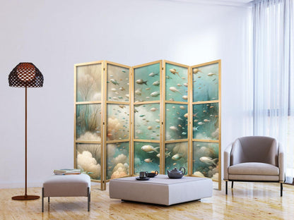 Japanischer Paravent - Spectacular Underwater Landscape - Fish in the Underwater World in Colors of Turquoise Blue Beige and Delicate Orange