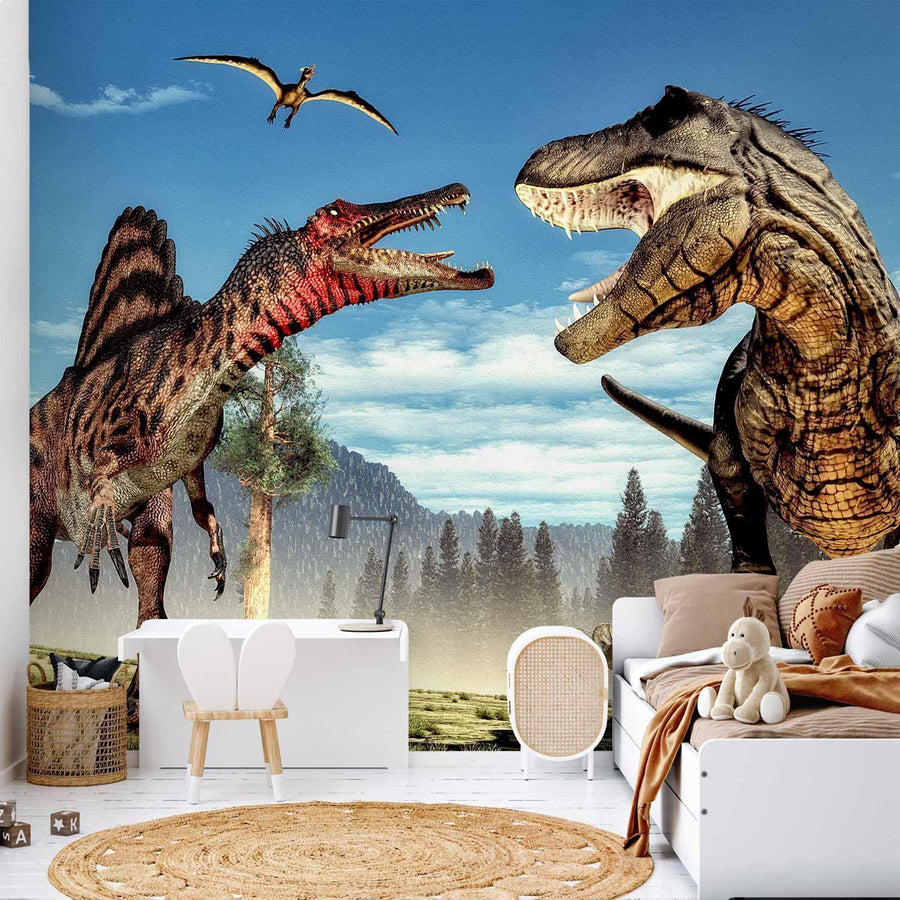 Fototapete Kämpfende Dinosaurier – Actionreiche Urzeit-Szene für Kinderzimmer