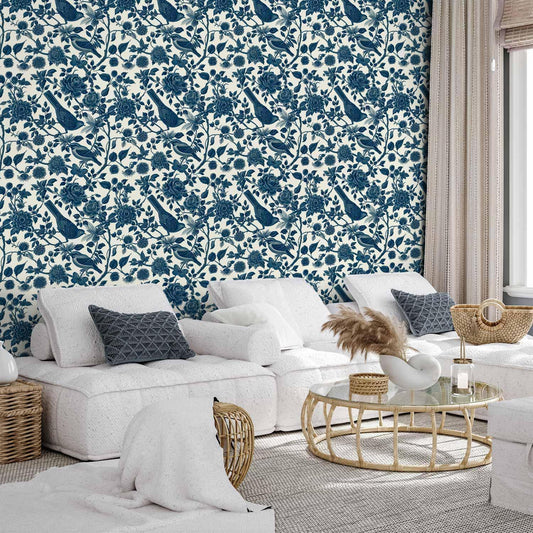 Tapete - Birds and roses - monochrome blue pattern with botanical motif
