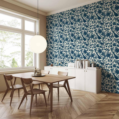 Tapete - Birds and roses - monochrome blue pattern with botanical motif