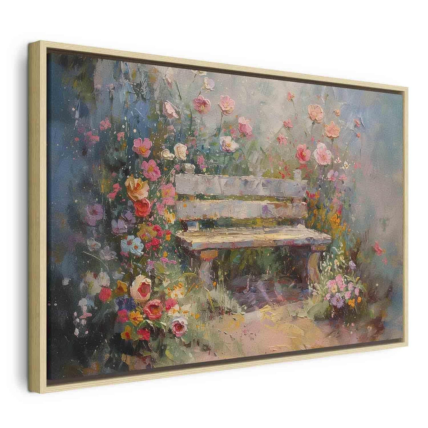 Leinwandbild - Flowery bench - impressionist painting full of flowers