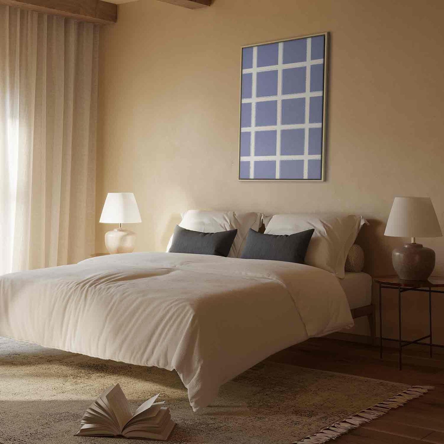 Leinwandbild - Lines and Symmetry - Expressive White Grid on a Blue Background