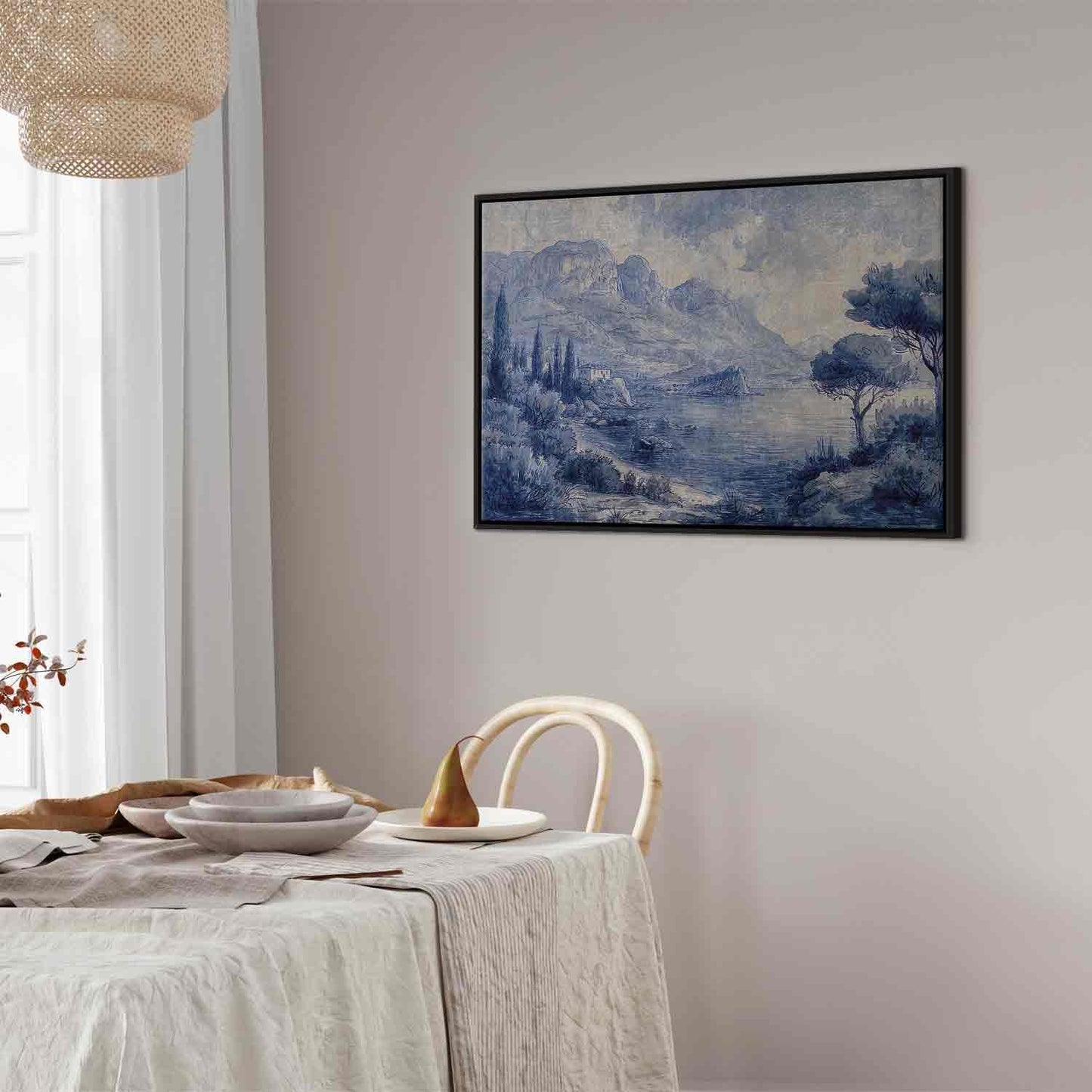 Leinwandbild - Blue Bay - Italian landscape of Lake Como painted with blue ink