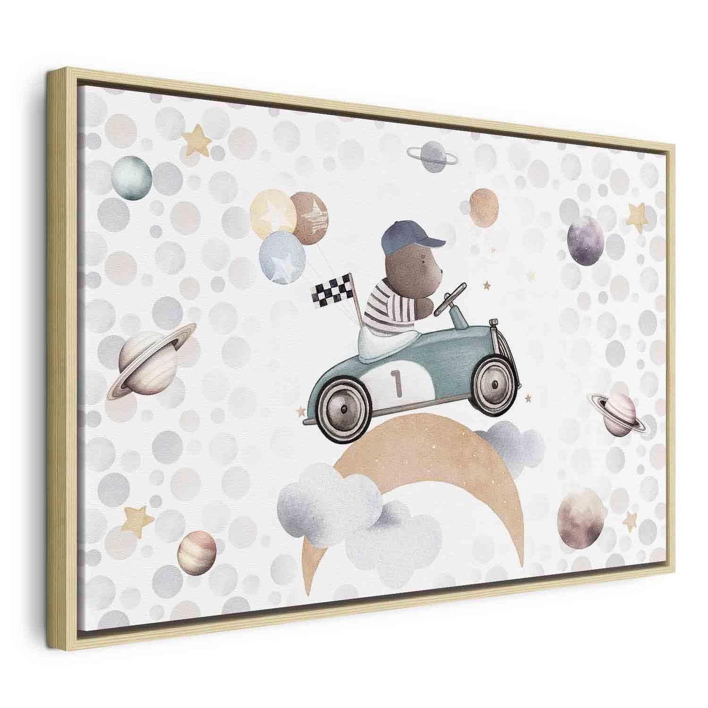 Leinwandbild - Galactic Races - A Bear Participating in Car Races Among Planets Clouds and Stars in Pastel Hues