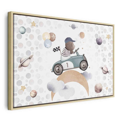 Leinwandbild - Galactic Races - A Bear Participating in Car Races Among Planets Clouds and Stars in Pastel Hues