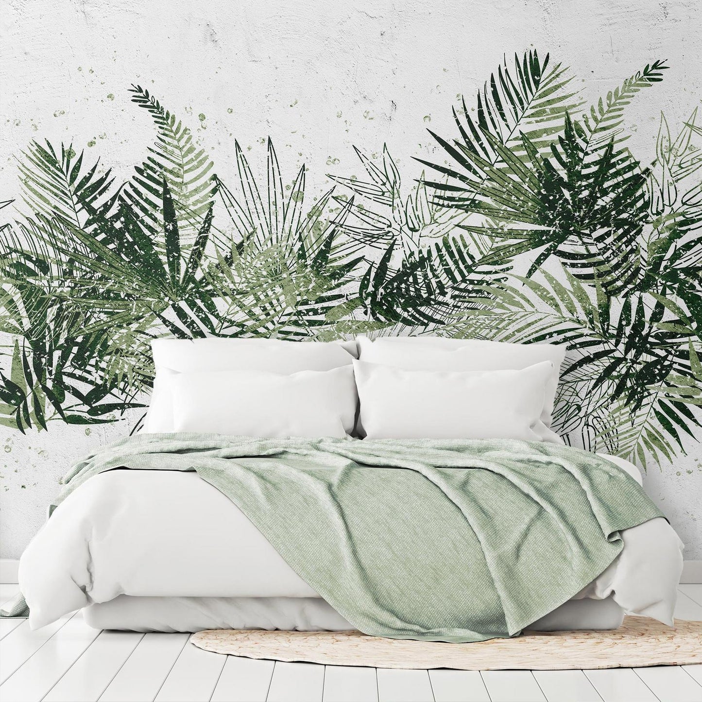Fototapete - Jungle and green plume - large tropical leaves on a white background Artgeist