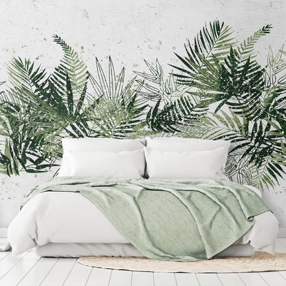 Fototapete - Jungle and green plume - large tropical leaves on a white background Artgeist
