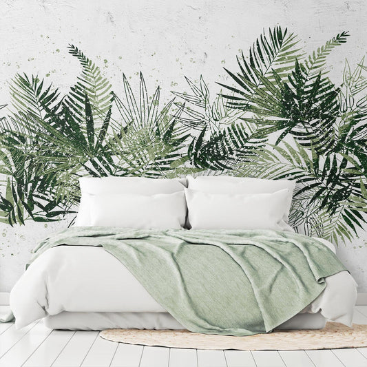 Fototapete - Jungle and green plume - large tropical leaves on a white background Artgeist