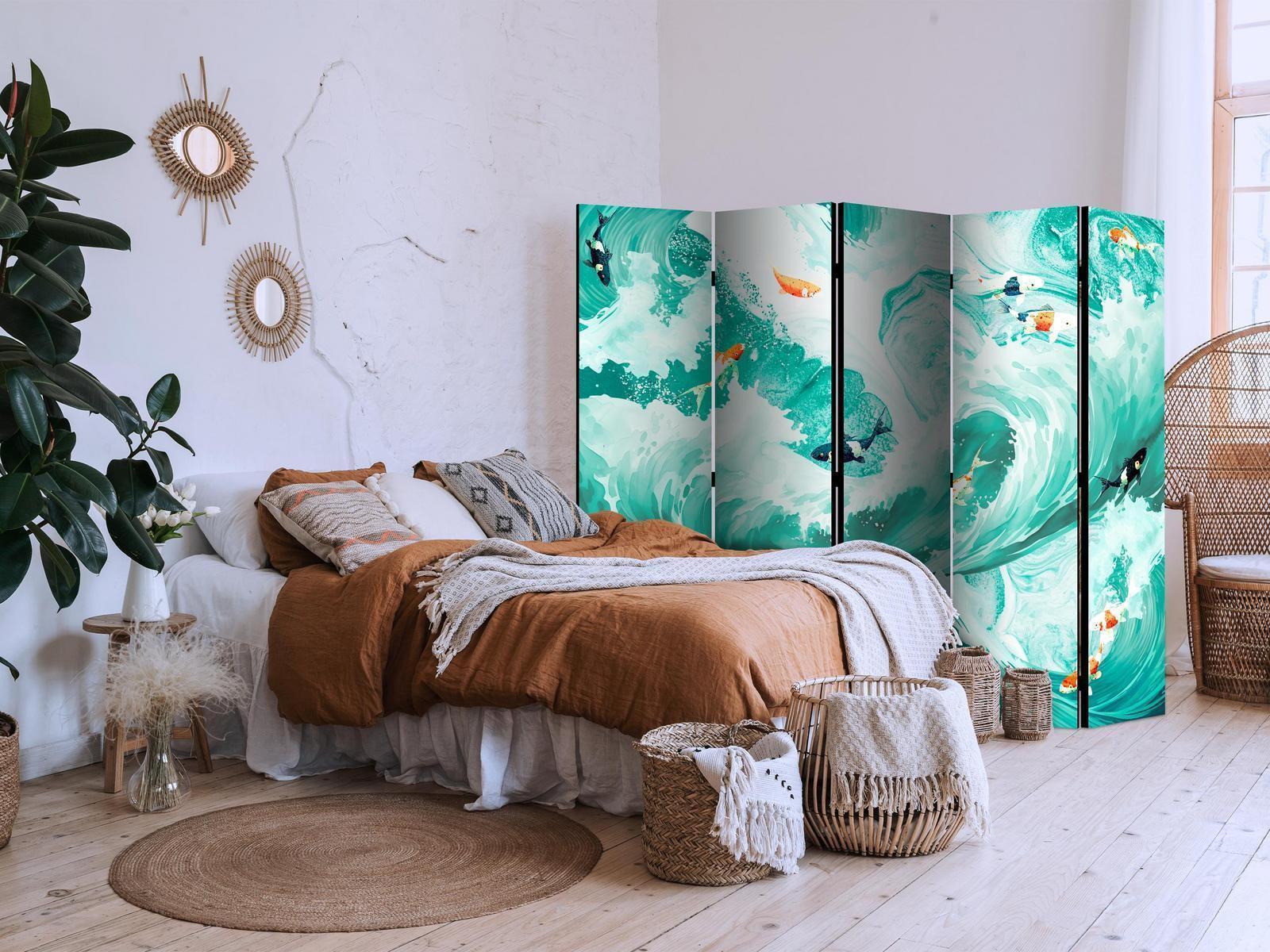 Paravent - Koi Fish Among Waves - Japanese Fish Amid Waves in Shades of Turquoise And White Artgeist