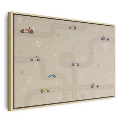 Leinwandbild - Race - Colorful Cars on a Road on a Beige Background with Inscriptions