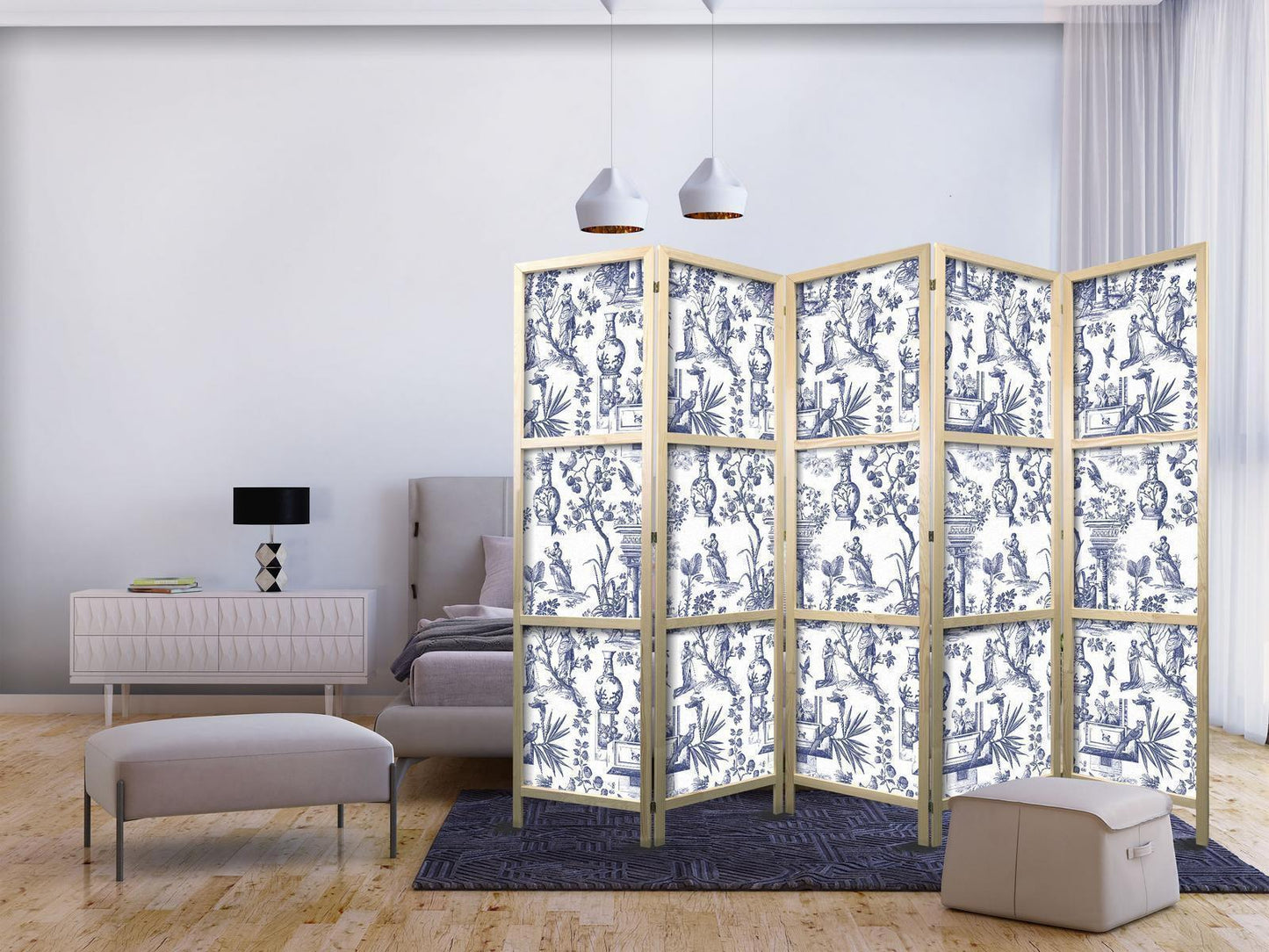 Japanischer Paravent - Rome and Botany - Blue Pattern with Greek and Plant Motif Artgeist