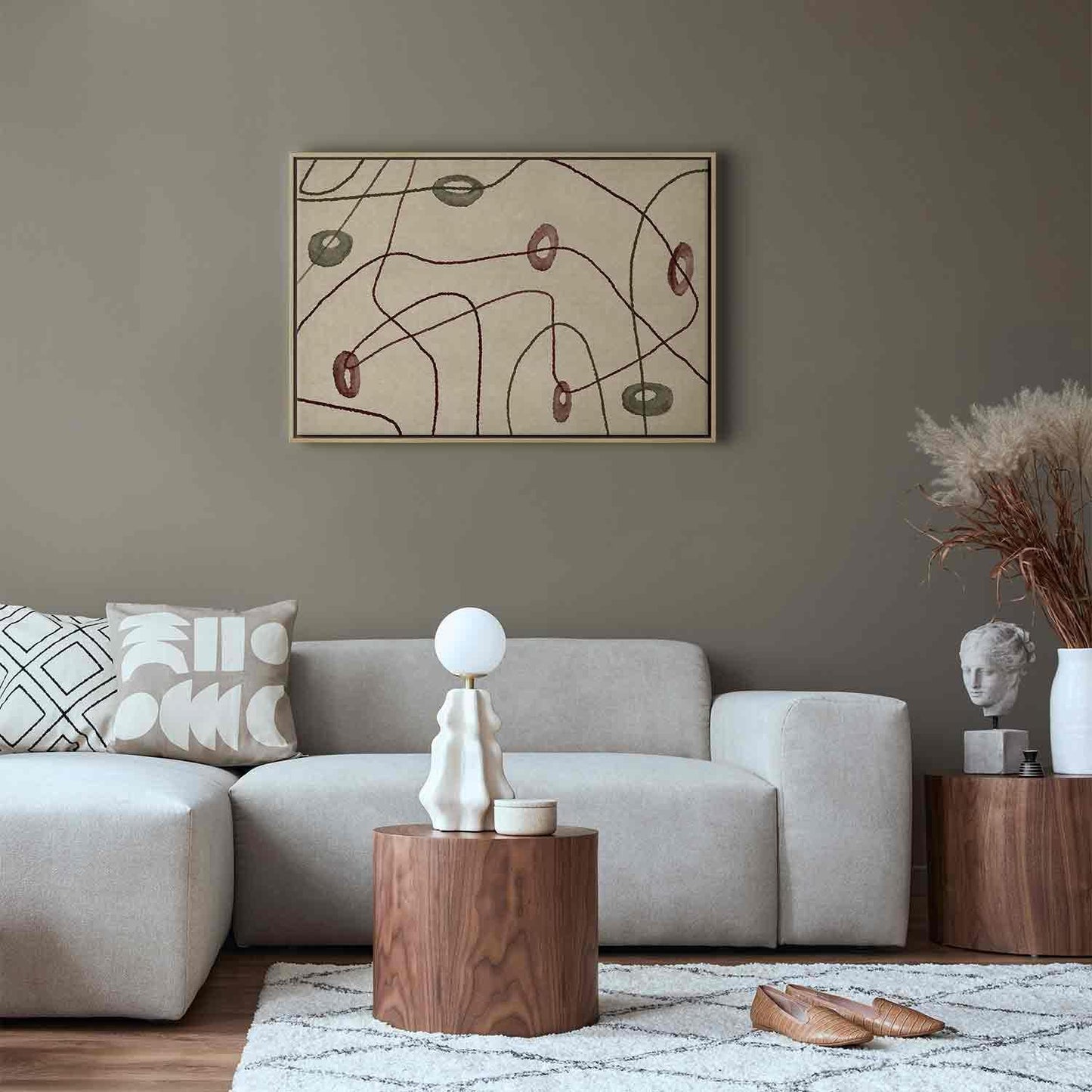 Leinwandbild - Lines and shapes – bead labyrinth on a pale washed background