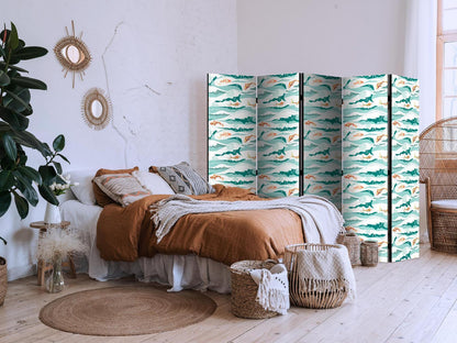 Paravent - Fish Jumping Above The Waves - Oriental Fish And Water Lilies Among High Waves in Shades of Sea Green Artgeist