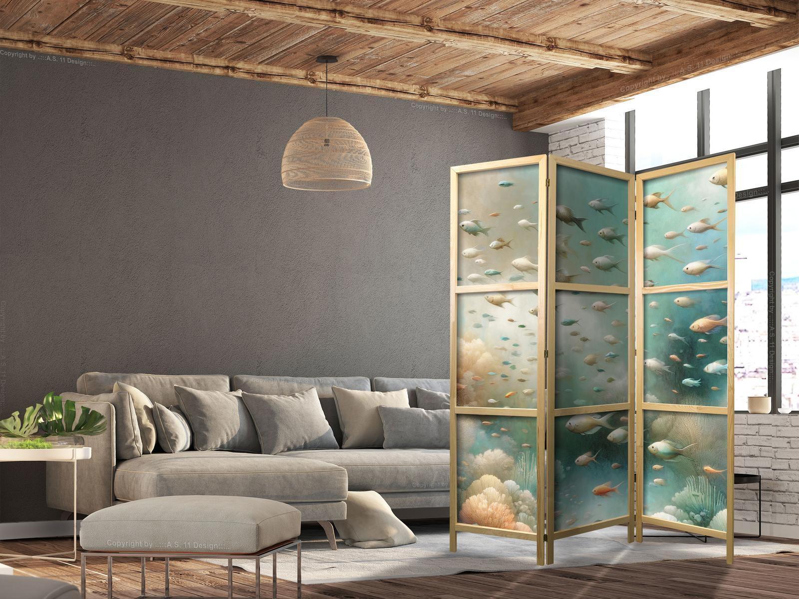 Japanischer Paravent - Spectacular Underwater Landscape - Fish in the Underwater World in Colors of Turquoise Blue Beige and Delicate Orange Artgeist