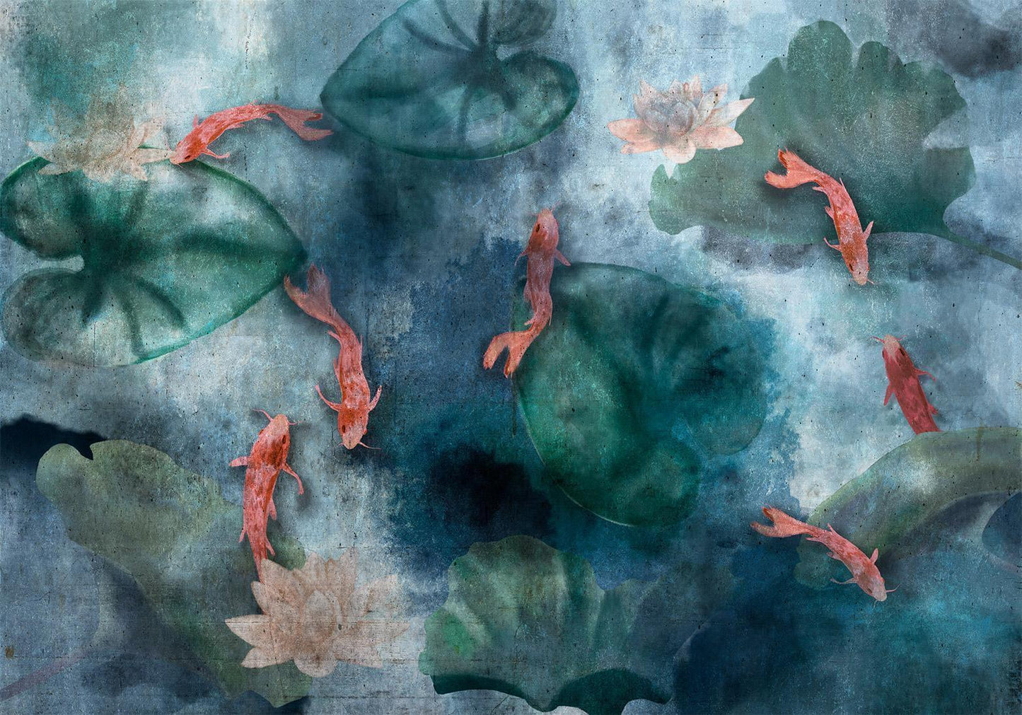 Fototapete „Teichidylle mit Fischen“ – Wasserpflanzen & Fischmotiv für entspannte Räume