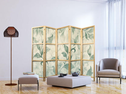 Japanischer Paravent - Watercolor Botanical Motif - Delicate Green-Beige Leaves Artgeist