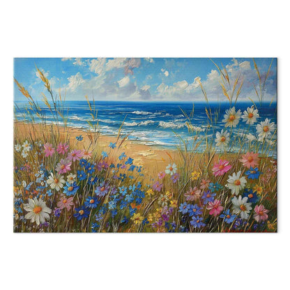 Leinwandbild - Seascape – wildflowers and a view of the rough sea