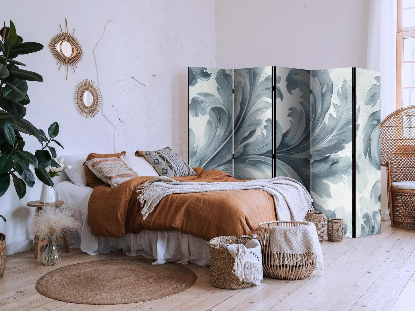 Paravent - Stone Baroque Ornaments in Light Shades of Gray and Blue Artgeist